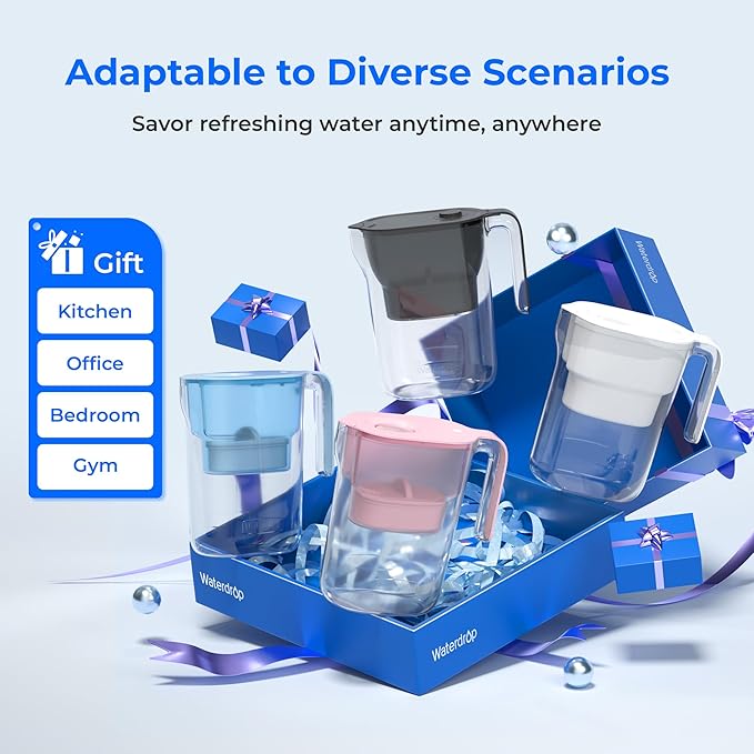 Waterdrop PT-05B-L Water Filter Pitcher, 7-Cup, NSF Certified, 200-Gallon Long-Life Filter Purifier, Reduces Chlorine and PFOA/PFOS, for Countertop, Replaces 6,400 Plastic Water Bottles a Year, Blue