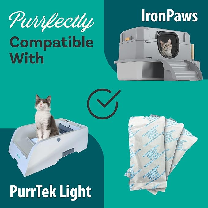 PetCove Activated Charcoal Odor Absorber – PurrTek Light & IronPaws Cat Litter Box Replacement Filters – Universal Fit for Hooded & Self-Cleaning Systems, Ammonia Locking Pods – 10 Pack