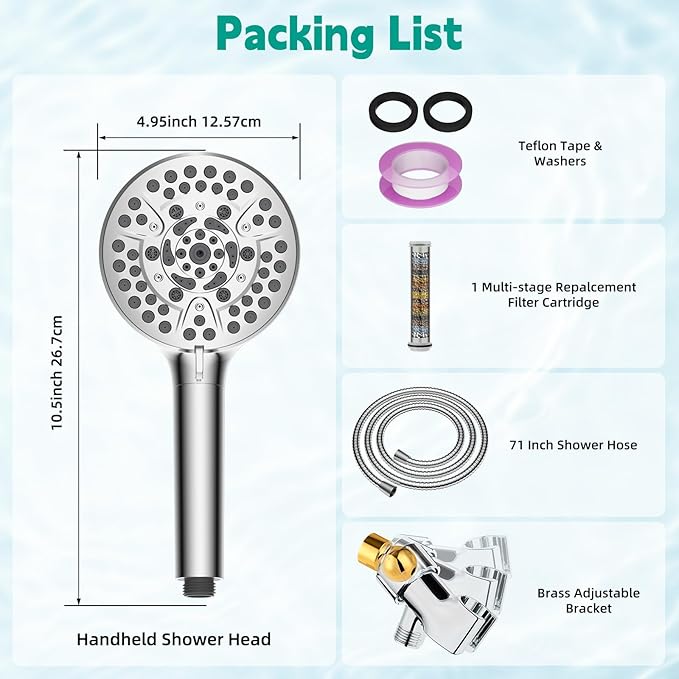 Hibbent High Pressure 10-mode Shower Head, Filtered Handheld Showerhead with Adjustable Brass Joint Holder, 71" Metal Hose, Improve Skin & Hair, Built-in Power Wash to Clean Tub & Pets, Chrome