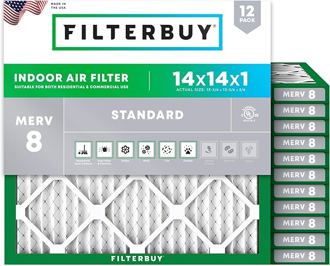 Filterbuy 14x14x1 Air Filter MERV 8 Essential Dust & Allergy Defense (12-Pack), Electrostatic Pleated HVAC AC Furnace Filters Replacement, Made in USA (Actual Size: 13.75 x 13.75 x 0.75)