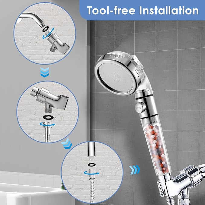 Vacto High Pressure Handheld Shower Head with Filter, Shower Head Kits with Hose and Bracket, Hard Water Softener Water Purifying Filtered Showerheads with Filter Beads
