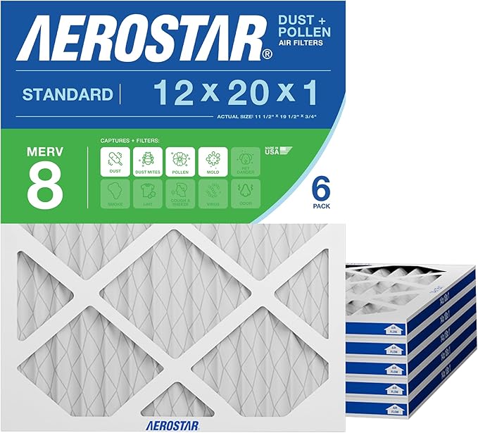 Aerostar 10x12x1 MERV 8 Pleated Air Filter, 6 Pack, AC Furnace Filters, HVAC Filter, Air Conditioner Filters, Heater Filters Replacement for Home (Actual Size: 10x12x1)