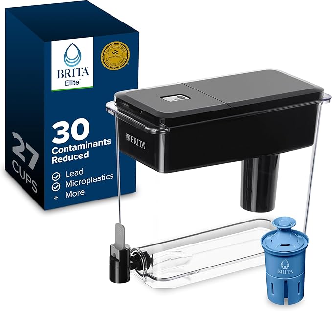 Brita 27 Cup Water Filter Dispenser with Elite Filter, NSF Certified to Remove 99% of Lead, Reduces 30 Contaminants Including Microplastics, Mercury & Chlorine, SmartLight Indicator, BPA-Free, Black