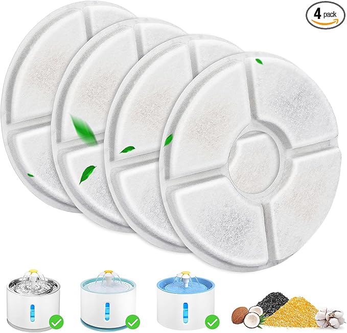 Cat Water Fountain Filter Replacement, 4 Pcs Cat Fountain Filters Dia is 5" with 3-Filtration System, Round Cats Carbon Filters Compatible with 81oz /2.4L Round Automatic Pet Fountain Water Dispenser