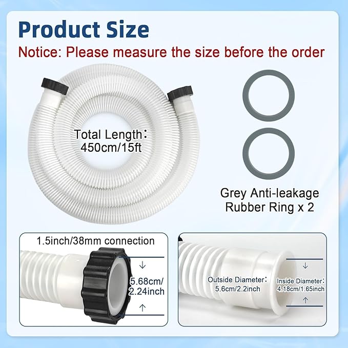 15ft 1 1/2" Pool Hose for Above Ground Pools Long Pool Pump Replacement Filter Hoses 1.5" EVA Swimming Pool Filter Hose for Filter Pumps, Saltwater Systems and Sand Filters (White)
