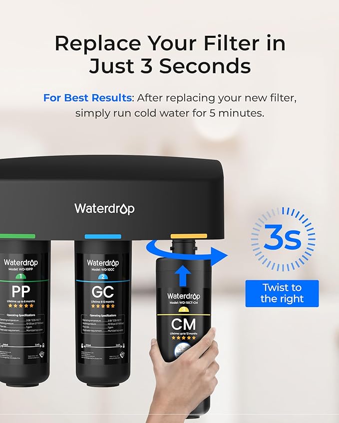Waterdrop WD-10CM Water Filter Replacement for Waterdrop TSB-CM 3-Stage Under Sink Water Filter System, 12 monthsUnder Sink Water Filtration System, Reduces Chloramine Bad Taste & Odor