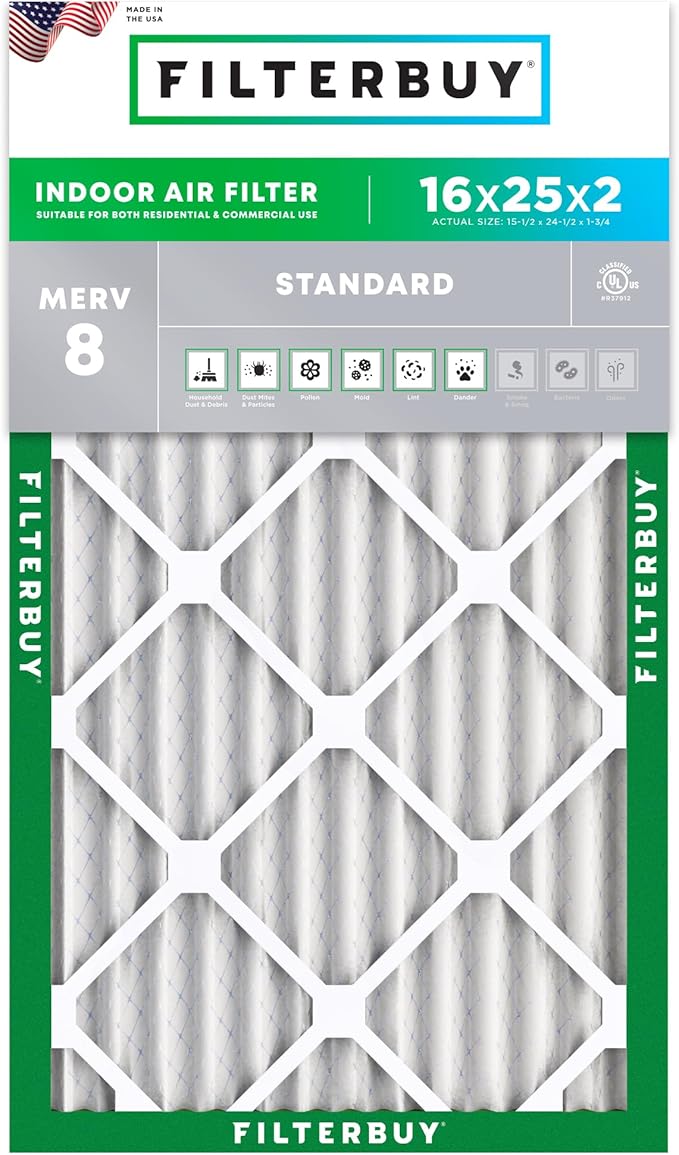 Filterbuy 16x25x2 Air Filter MERV 8 Essential Dust & Allergy Defense (1-Pack), Electrostatic Pleated HVAC AC Furnace Filters Replacement, Made in USA (Actual Size: 15.50 x 24.50 x 1.75)