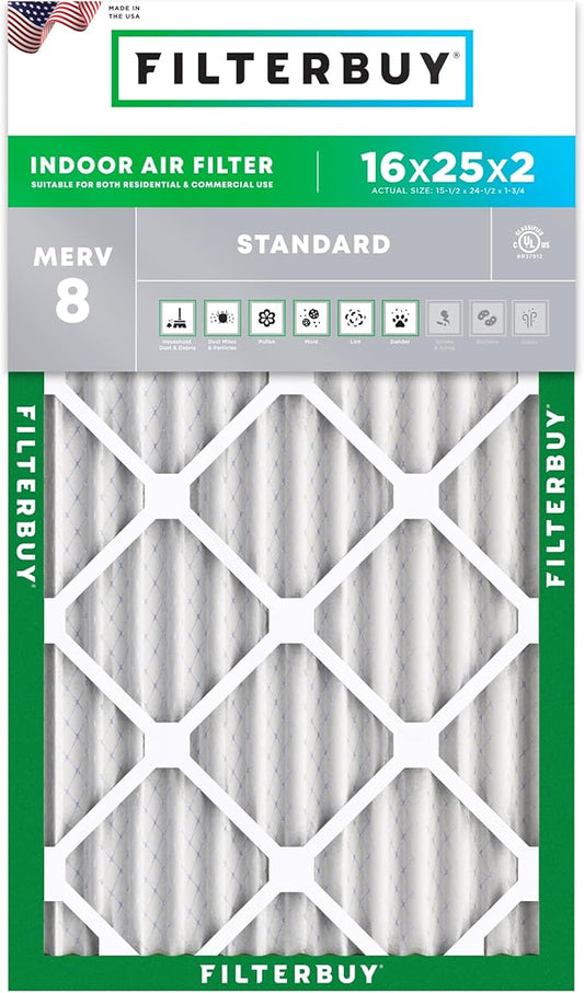 Filterbuy 16x25x2 Air Filter MERV 8 Essential Dust & Allergy Defense (1-Pack), Electrostatic Pleated HVAC AC Furnace Filters Replacement, Made in USA (Actual Size: 15.50 x 24.50 x 1.75)