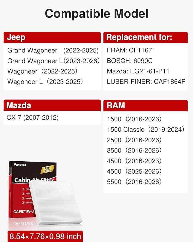 Puroma Cabin Air Filter, Replacement for CF11671, 6090C, CAF1864P, Mazda: EG21-61-P11, Jeep Grand Wagoneer, Wagoneer, Mazda CX-7, RAM 1500, 1500 Classic, 2500, 3500, 4500, 5500