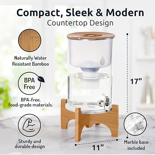 Invigorated Water pH Recharge Glass Alkaline Water Dispenser Filter System - Countertop Purifier Pitcher for Home and Office - High pH Pure Drinking Water Filtration - 36 Cups (Bamboo Marble Set)