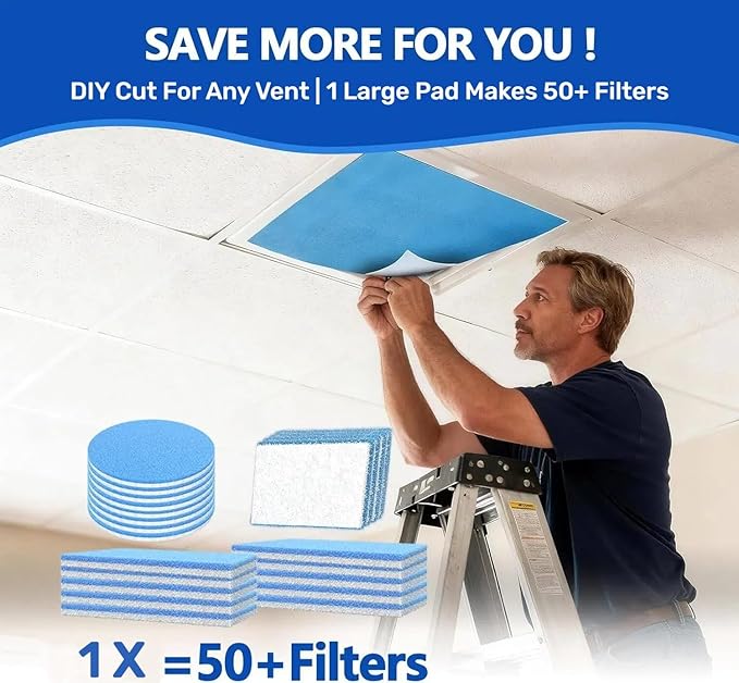 Air Vent Filters, 16" x 90" Cut to Fit Air Filter Material (50+ Filters),MERV 8 Triple Electrostatic Vent Filter for AC, HVAC Furnace, Grilles and Mobile Home with Adhesive 48PCs Hook Tape