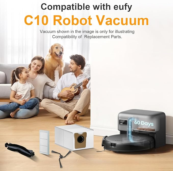 28 Pack Replacement Parts Compatible with Eufy C10 Robot Vacuum, Self Emptying RoboVac Accessories Kit 2 Rolling Brushes, 8 Dust Bags, 8 Side Brushes, 8 Filter Sets