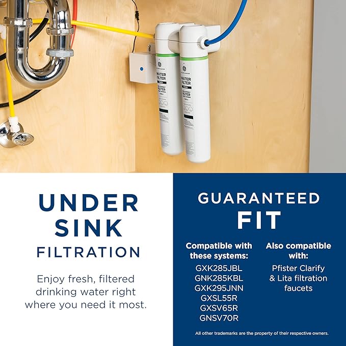 GE Under Sink Water Filter Replacement, Dual Flow, Reduces Sediment, Rust & Other Impurities from Water, Fits GXK255TBN Under Sink Filtration System, Replace Every 6 Months,FQK2J,2 Filters (Pack of 3)