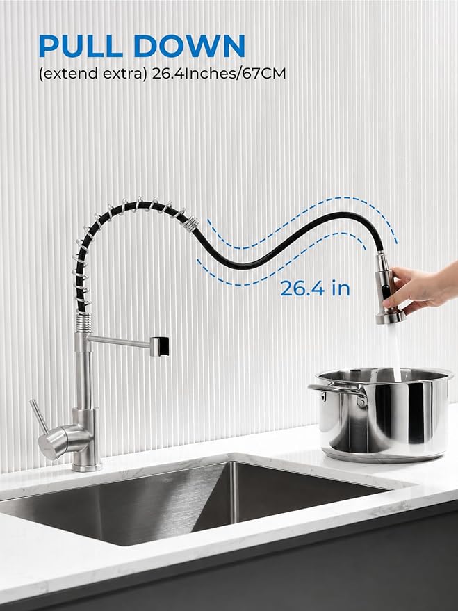 WEWE Kitchen Sink Faucet, Kitchen Faucets with Pull Down Sprayer Stainless Steel Single Handle Single Hole Brushed Nickel Commercial Industrial Spring Pull Out Laundry Farmhouse Kitchen Faucet