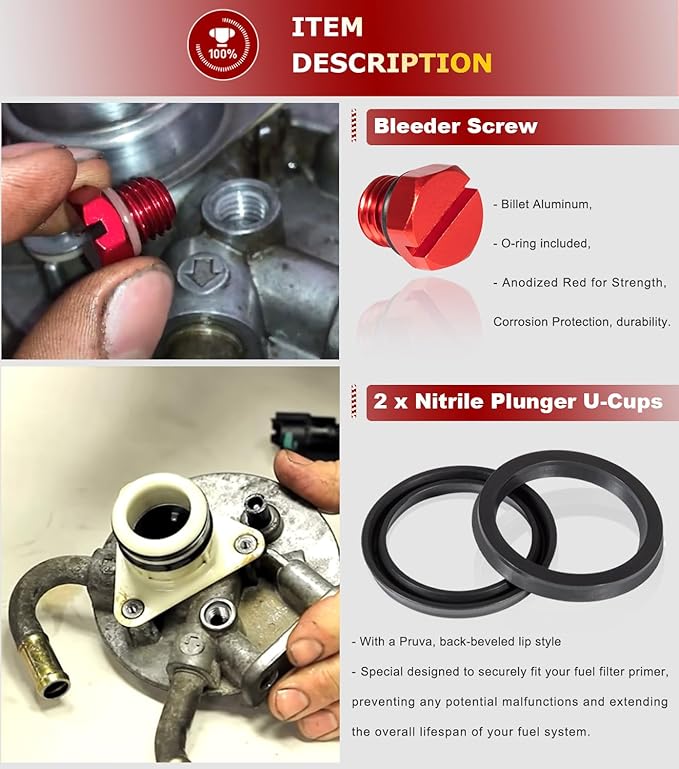 6.6L Duramax Fuel Filter Primer Rebuild Seal Kit Viton O-Rings Billet Bleeder Screw For 2001-2013 6.6L Chevy GMC LB7 LLY LBZ LMM LML Duramax Fuel Filter Primer