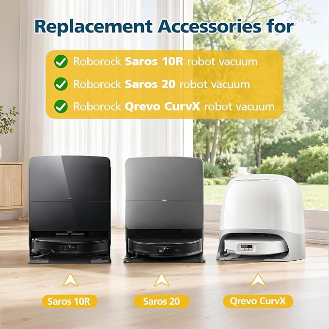 Saros 10R Accessories for Roborock Saros 10R / Saros 20 / Qrevo CurvX Robot Vacuum, Replacement Parts with 4 Dust Bags, 4 Mop Pads, 4 HEPA Filters, 6 Side Brushes, Dual Main Brush