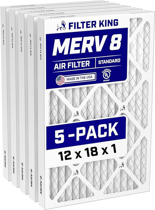 Filter King 12x18x1 Air Filter (MERV 8) (5-Pack) Dust & Allergy Control AC Furnace Filters, MADE IN USA, HVAC, Pleated, Electrostatic (Actual Size: 11.5 x 17.5 x .75)