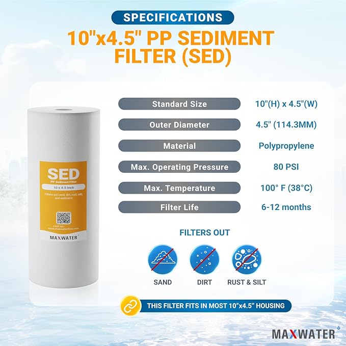 Max Water 1 Micron 10 x 4.5 Whole House Sediment Water Filter Meltblown Polypropylene Well Water Filter Replacement Cartridges for DGD-5005, AP810, SDC-45-1001, GXWH30C, PP10BB (20 Pack)
