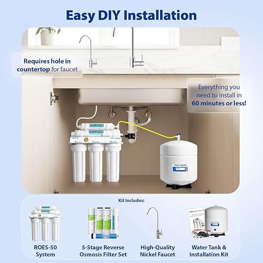 APEC Water WQA Certified 5-Stage Under Sink Reverse Osmosis Water Filter System, Brushed Nickel, Certified Ultra Safe Drinking Water Filter System, Reduces 99.99% of Contaminants, DIY Install