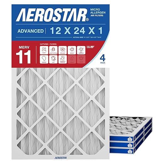 Aerostar 12x24x1 MERV 11 Air Filter, 4 Pack Set of HVAC Furnace Filters, Electrostatic MPR 1000-1200 & FPR 7 (Actual Size: 11 3/4 x 23 3/4 x 3/4 inches)