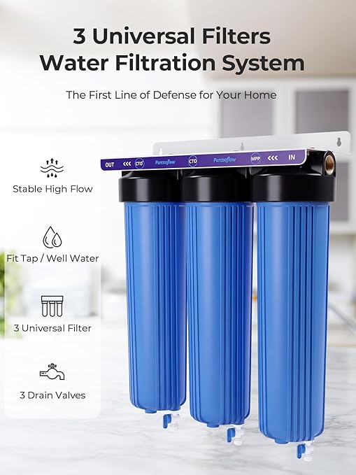 3-Stage Whole House Water Filter System, PFAS Reduction, 20x4.5 Inch, Includes PP, CTO & PFAS Carbon Block, 1" NPT Brass Ports, Drain Valves, Wrench & Install Kit