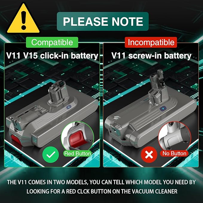 EGR 9000mAh V11/V15 Battery Replacement Compatible with Dyson Click-in Installation for Extra/Absolute/Animal/Torque/Drive/Outsize/V11/V15/SV15/SV22/970425-01 Vacuum (Not for Screw-in Models)