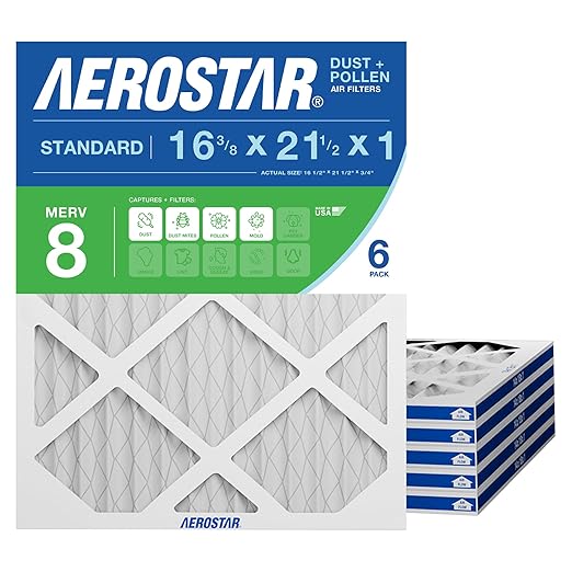 Aerostar 16.375x21.5x1 MERV 8 Air Filter, 6 Count, ACTUAL SIZE (16.50 x 21.50 x 0.75), HVAC, Air Conditioning & Furnace Filter Captures Dust, Lint & Pollen (MPR 600 / FPR 5), Made in USA