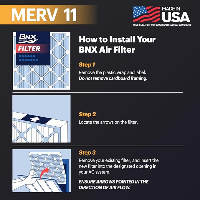 BNX TruFilter 20x24x1 Air Filter MERV 11 (6-Pack) - MADE IN USA - Allergen Defense Electrostatic Pleated Air Conditioner HVAC AC Furnace Filters for Allergies, Dust, Pet, Smoke, Allergy MPR 1200 FPR 7