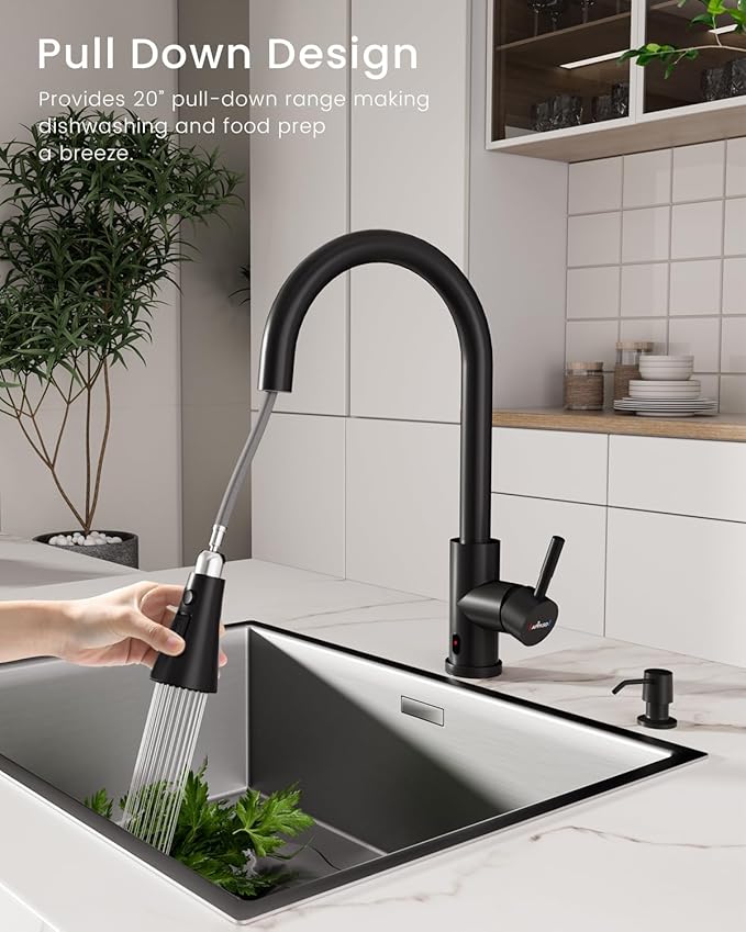 APPASO Touchless Kitchen Faucet, CUPC-Certified Hoses, Matte Black Hands Free Sink Faucet with Soap Dispenser and Pull Down Sprayer 3 Modes, Activated Motion Sensor Faucets S304 Stainless Steel