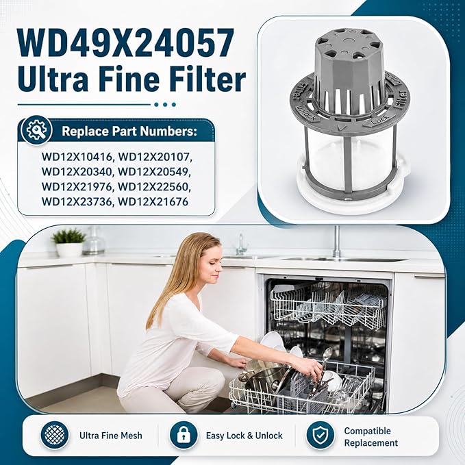 WD49X24057 Dishwasher Ultra Fine Filter Kit Compatible with GE Hotpoint, Dishwasher Filter for WD12X10416, WD12X20107 WD12X21676 WD12X21976 WD12X23736 GDT550PYR7FS DDT595SBL5TS GDT655SMJ2ES