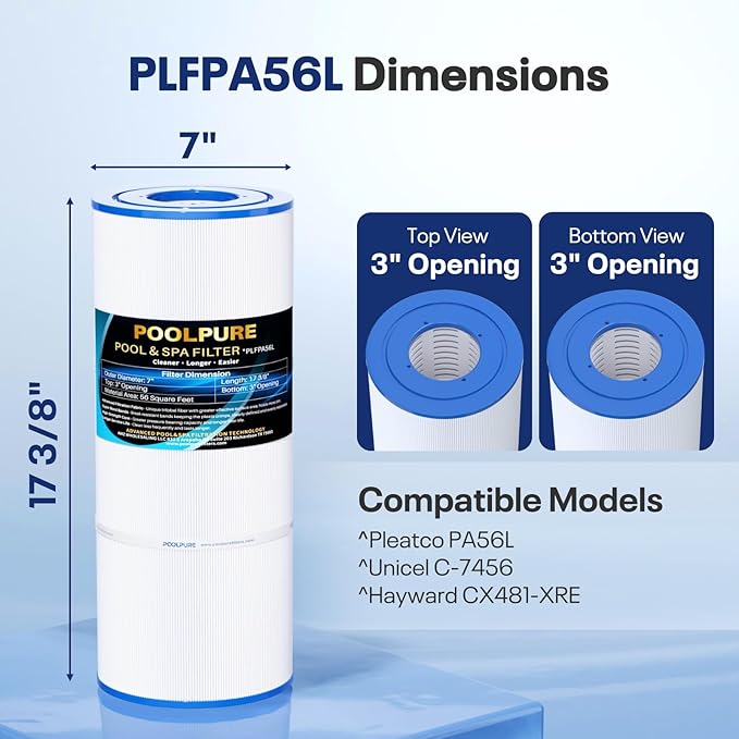 POOLPURE Pool Filter Replaces PA56L, PA56L-PAK4, Unicel C-7456, Hayward CX481-XRE, CX481-XRE, SwimClear C2030, 4 PACK