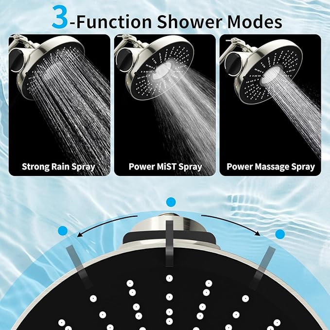 Filtered Shower Head with Extension Arm - EMBATHER 8 Inch Hign Output Showrhead with 3 Spray Settings, 18 Stage Filter for Hard Water, 11" Adjustable Arm, Brushed Nickel,Brass Swivel Ball Jiont