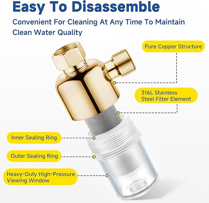 Washing Machine Water Filter, 40 Micron Reusable Brass Inline Sediment Filter, Anti-Scale Hose Pre-Filter for Water Heater, RV, and Toilet Bidet (L Port)