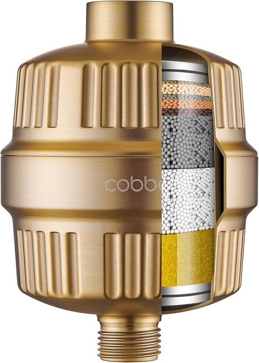 Cobbe HD HEAVY DUTY High Output Shower Filter – 99% REMOVAL Shower Head Filter for Hard Water, Heavy Metals, Chlorine and Harmful Substance, Improve your skin and hair - Brushed Gold