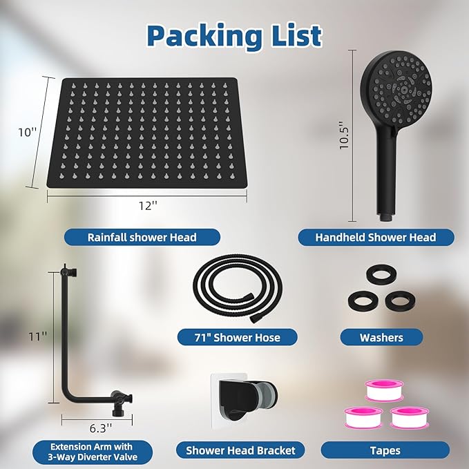 12" All Metal Shower Head, High Pressure Rainfall Shower Head/Handheld Showerhead Combo with 11" Adjustable Shower Extension Arm, 71" Hose, Shower Head Holder, Matte Black
