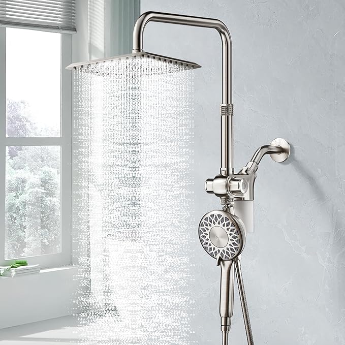 SINGSUO Filtered Rain Shower Head with Handheld Spray Combo, High Pressure Dual Shower Head with Filter for Hard Water, Modern Magnetix Double Shower Head and Handle Set, Lift Bar (Brushed Nickel)