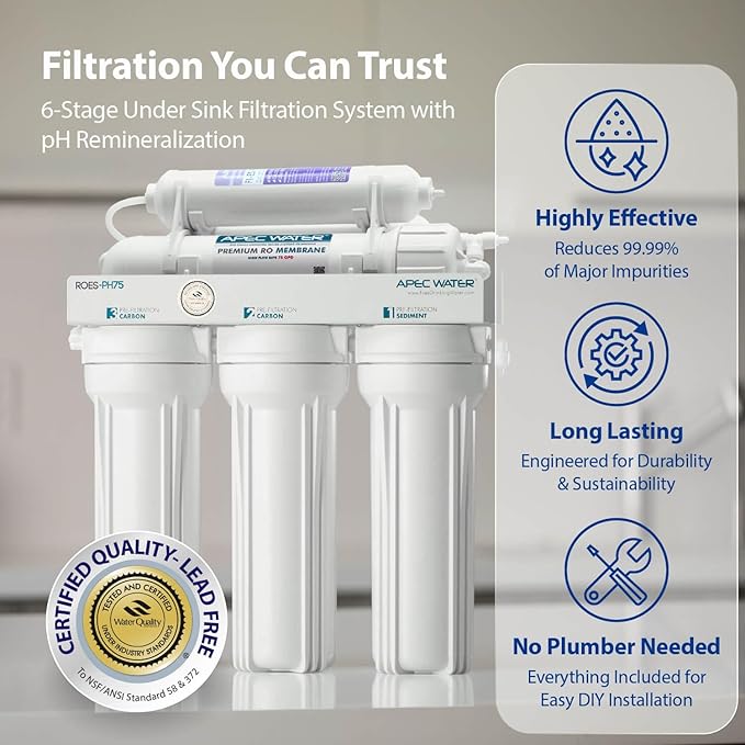 APEC Water ROES-PH75, 6-Stage Alkaline Under Sink Reverse Osmosis Water Filter System, NSF Certified 372 & 58, 75 GPD, Reduces 99% of Impurities