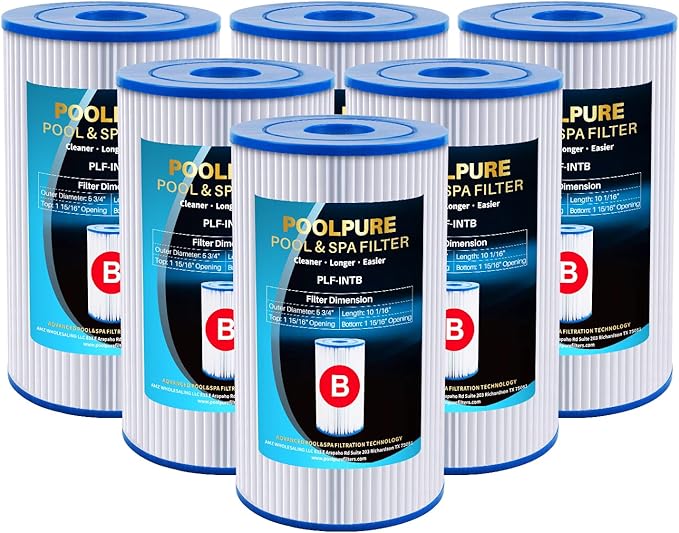 POOLPURE Type B Pool Filters Compatible with Intex 29005E, 29005/59905, JPC01 Type IV-B, 28633EG, 2500 GPH Cartridge Filter Pump, Flow Clear/Easy Set Reusable Swimming Pool Filter Cartridge, 6 Pack
