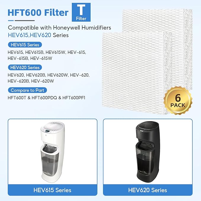 6-Pack HFT600 Humidifier Replacement Wicking Filter T for Honeywell Hev615 Hev620 Humidifier, Compatible with Honeywell HFT600 Humidifier Filter T, Replace Part# HFT600T HFT600PDQ
