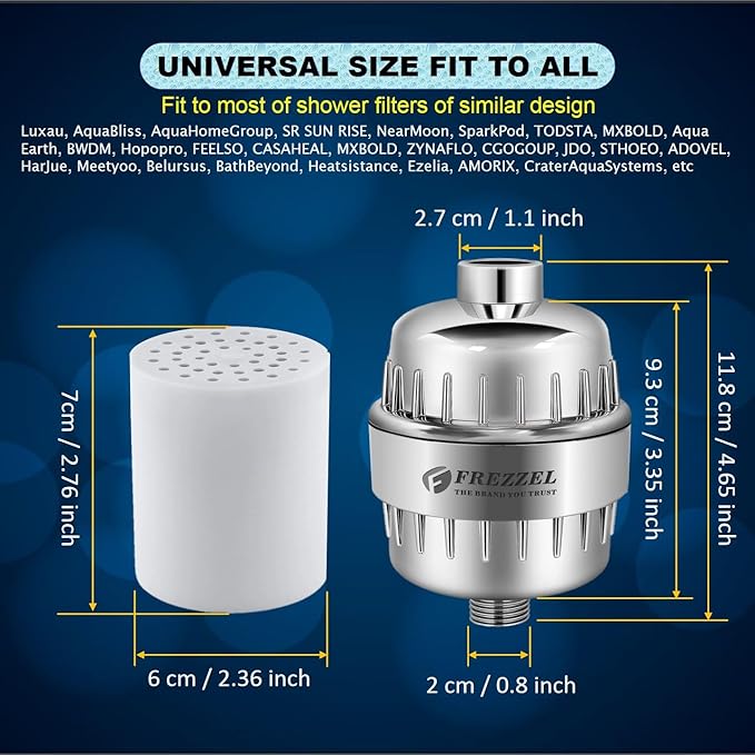 Pack of 2 FREZZEL Shower Filter Replacement Cartridges | Universal 17 Stage Shower Head Filter Refill for Showerhead Filter of Similar Design Hard Water Filter for Shower with Vitamin C Blocks Toxins
