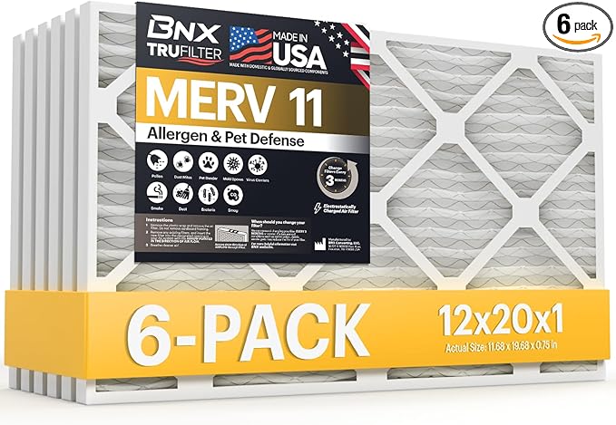 BNX TruFilter 12x20x1 Air Filter MERV 11 (6-Pack) - MADE IN USA - Allergen Defense Electrostatic Pleated Air Conditioner HVAC AC Furnace Filters for Allergies, Dust, Pet, Smoke, Allergy MPR 1200 FPR 7