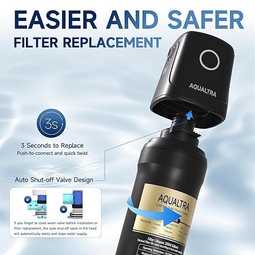 AQUALTRA USF02-BK Under Sink Water Filter System, 20K Gal, NSF/ANSI/CAN 372 Certified, Reduces PFOA, PFOS, Chlorine, Lead, Mercury, Chloramine, Fluoride, Microplastics Particles, Bad Taste & Odor