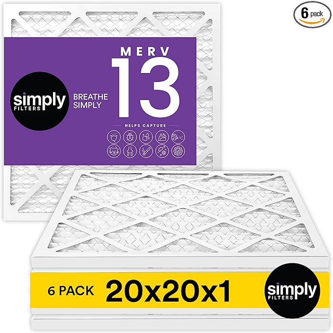 Simply 20x20x1 Air Filter, Merv 13, 6 Pack, For Home AC Furnace & HVAC (Actual Size: 19.75"x19.75"x0.75") DUST, Pet, & Allergy Control