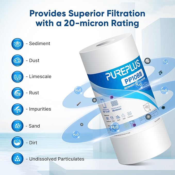 PUREPLUS 20 Micron 10" x 4.5" Whole House Sediment Home Water Filter Replacement Cartridge for Culligan RFC-BBSA, HD-950, WFHD13001B, W15-PR, GXWH30C, GXWH35F, Aqua-Pure AP817, PP10BB, 2PACK