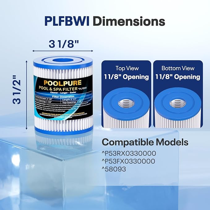 POOLPURE Type I Pool Filter Cartridge, Compatible with Summer Waves Type I P53RX0330000 / P53FX0330000, 58093, for Summer Waves Above Ground Pool Pump,300/330 Gal/H Filter Pump (8, White)