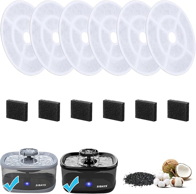 SIBAYS 6 Pack 7" Large Cat Water Fountain Filters Replacement for 2.5Gal/9.5L Dog Water Fountain(FS68/FS82) with 4 Layers Filtration System, Made of Coconut Shell Activated Carbon and PP Cotton L03
