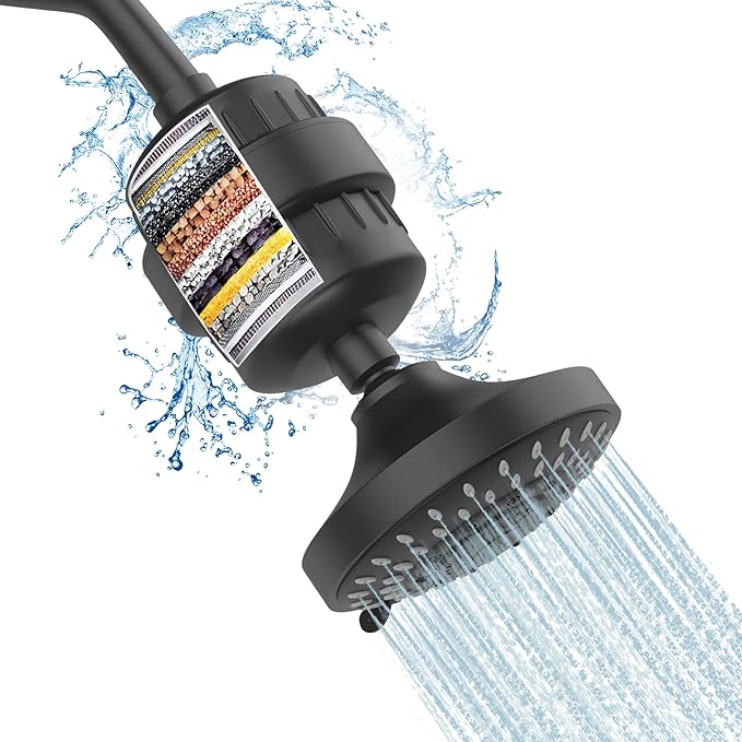 FEELSO Shower Head and 15 Stage Shower Filter Combo, High Pressure 5 Spray Settings Filtered Showerhead with Water Softener Filter Cartridge for Hard Water Remove Chlorine and Harmful Substances