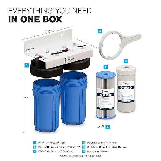 iFilters Dual Stage 4.5” x 10” Whole House Well Water Filtration System | Complete Commercial Grade System | Sediment and KDF/GAC Big Blue Filter | Removes Sediment, VOCs, Chlorine, Taste, Odor (CTO)