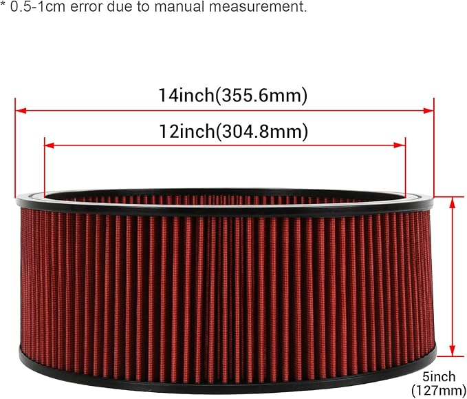 PTNHZ Red Round Air Cleaner Filter Element High Flow Replacement With Chevy Buick Ford GMC Oldsmobile Pontiac (14" x 5")