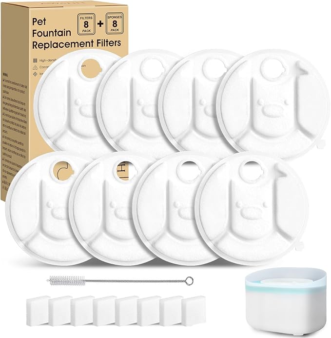 8+8 Pack Dog Water Fountain Replacement Filters Compatible with Petlibro Capsule Dog Fountain PLWF008, 12 Months Supply of Dog Water Dispenser Filter Accessories with 1 Cleaning Brush